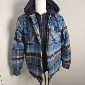 Northern Expedition Limited Hooded Flannel Jacket Quilted Lined Blue Plaid L